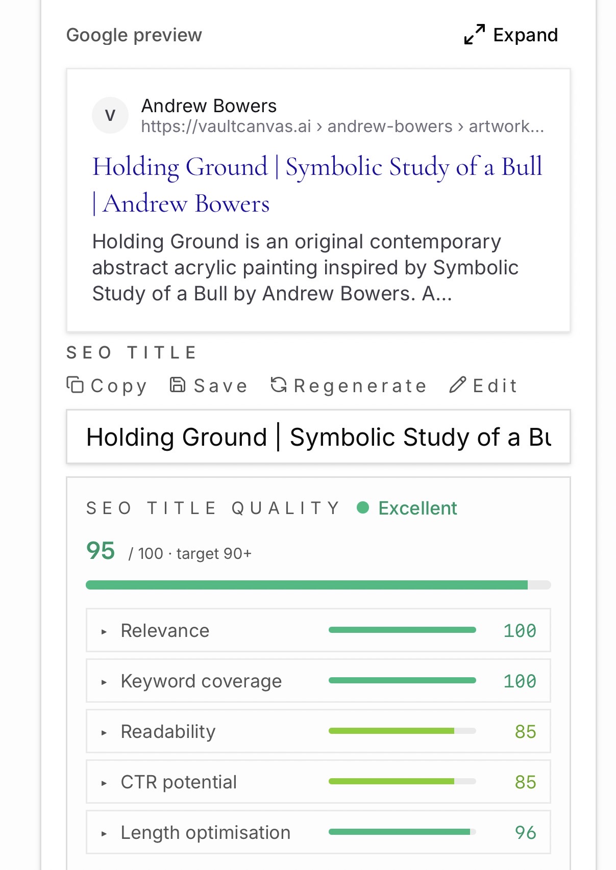 Google search result preview for an indexable artwork page published by Vault Canvas