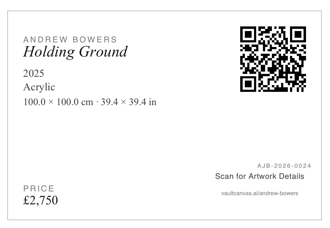 Gallery exhibition hanging label with QR code generated from a Vault Canvas artwork record