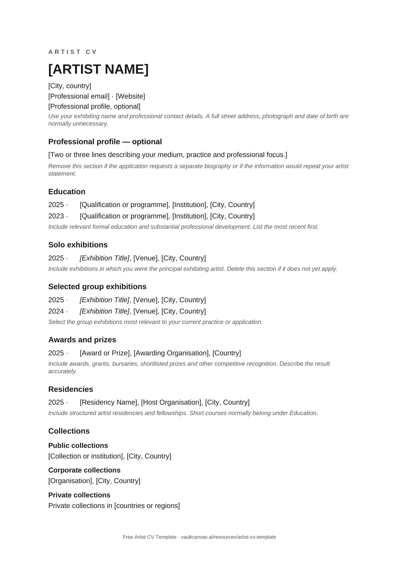 First page of the Artist CV Template showing the artist’s name and contact details followed by profile, education and solo exhibition sections.