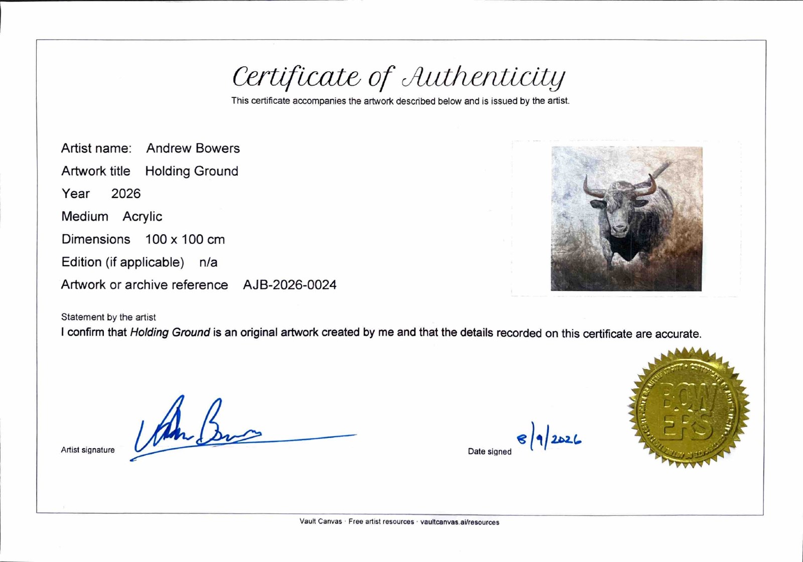 Completed Certificate of Authenticity example for Andrew Bowers’s artwork Holding Ground.